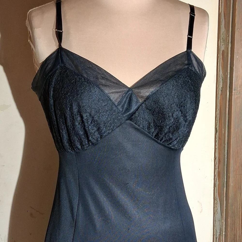 Vintage Lacy Black Midi Slip Dress By Gotham